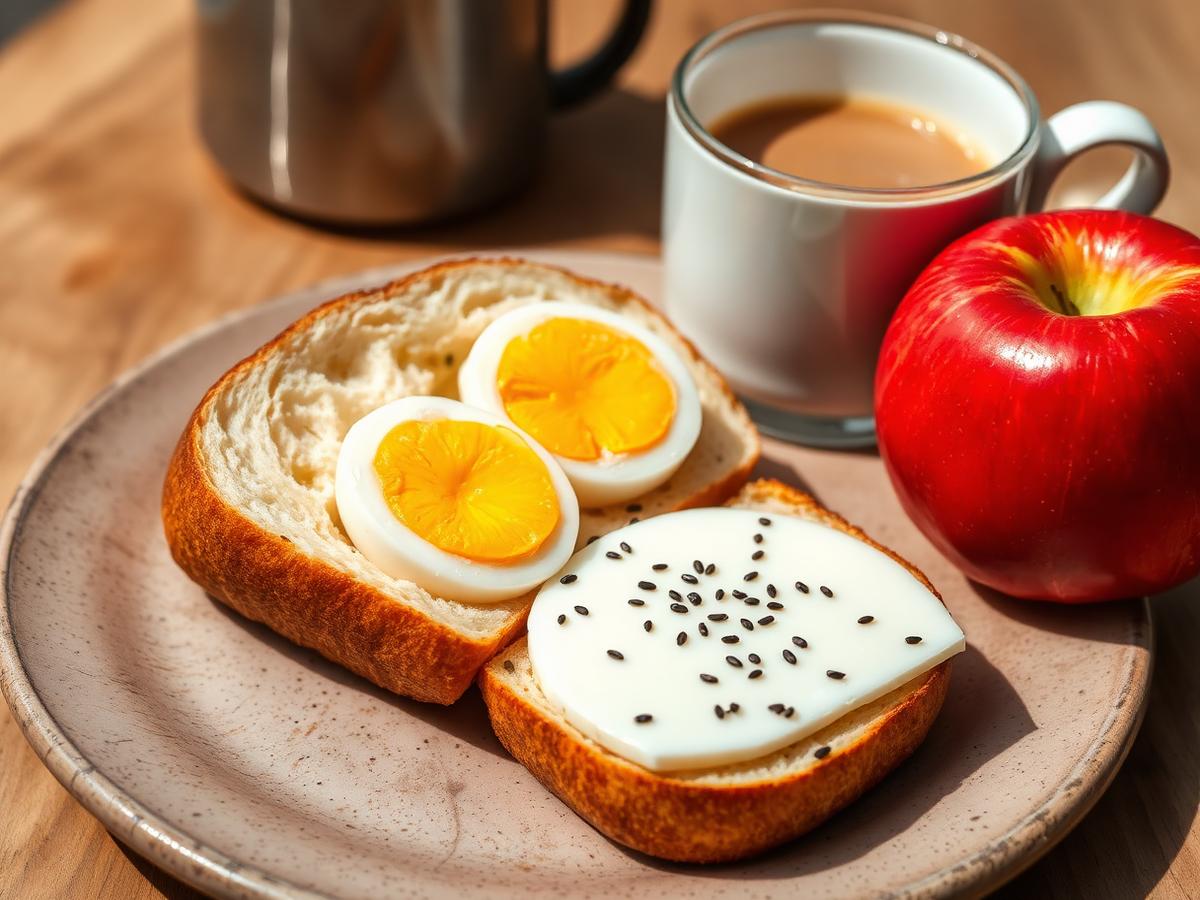 Opção 1 · Pão com ovo, queijo e gergelim, café com leite e fruta