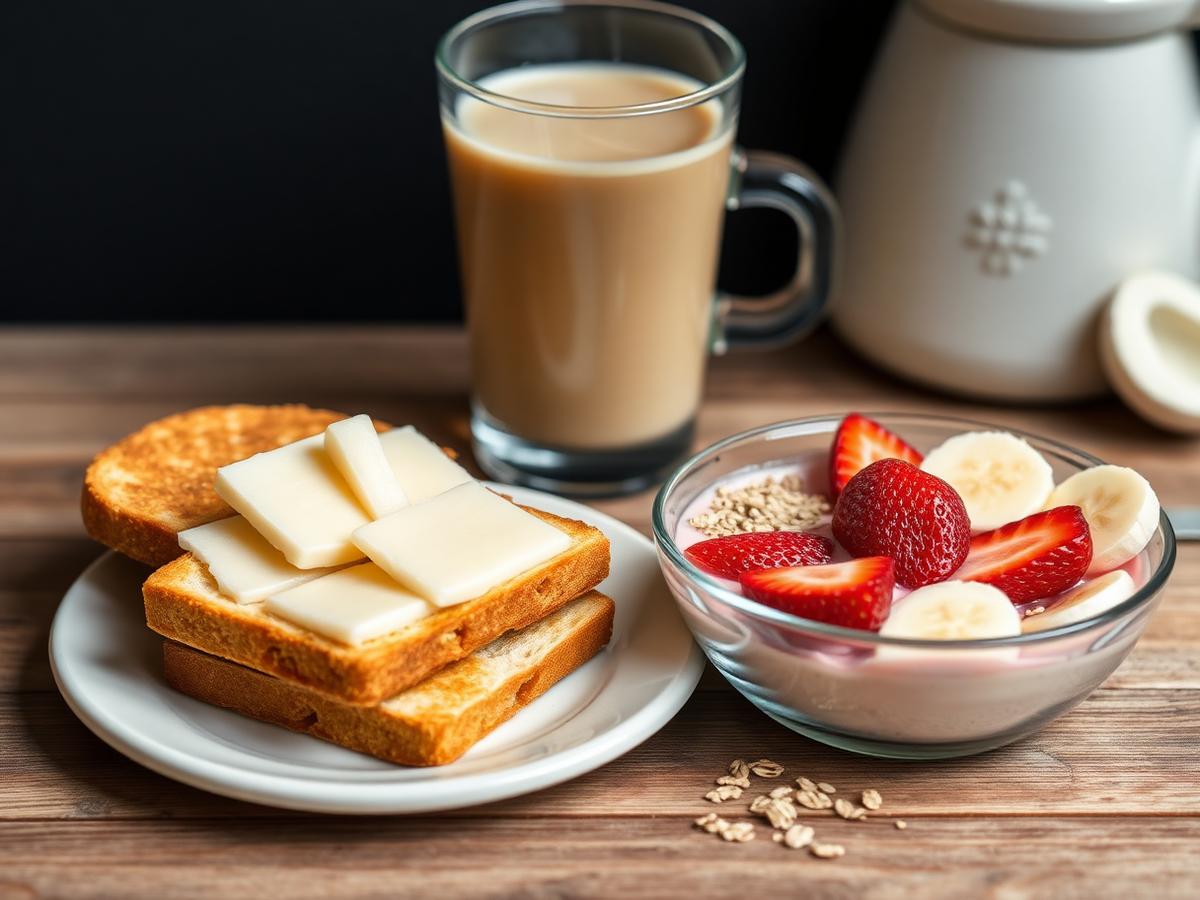Opção 2 · Torradinhas com queijo, café com leite e iogurte com fruta e aveia