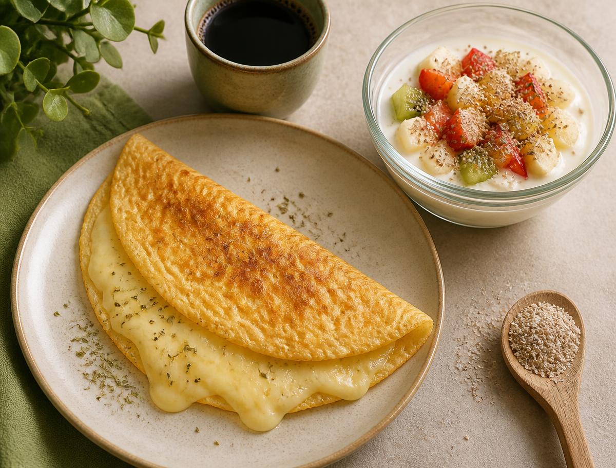 Opção 3 · Crepioca de queijo, iogurte com fruta e psyllium e café